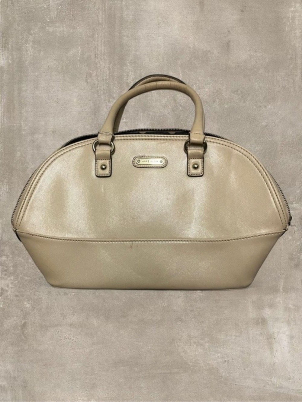 Anne Klein Structured Dome Satchel Beige Faux Leather Top Handle Bag